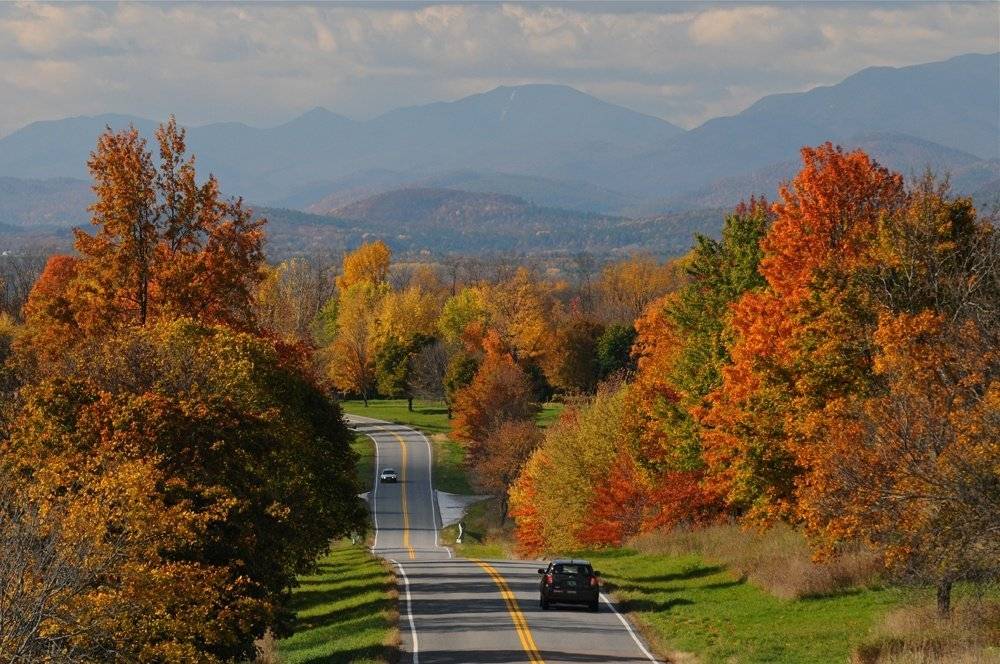 Fall foliage along Bostwick Road in Shelburne, Vermont.